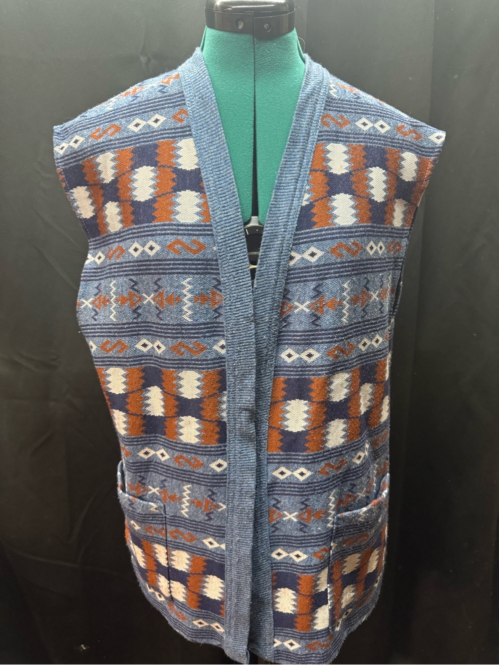 Blair Blue and Rust Patterned Knit V-Neck Vest